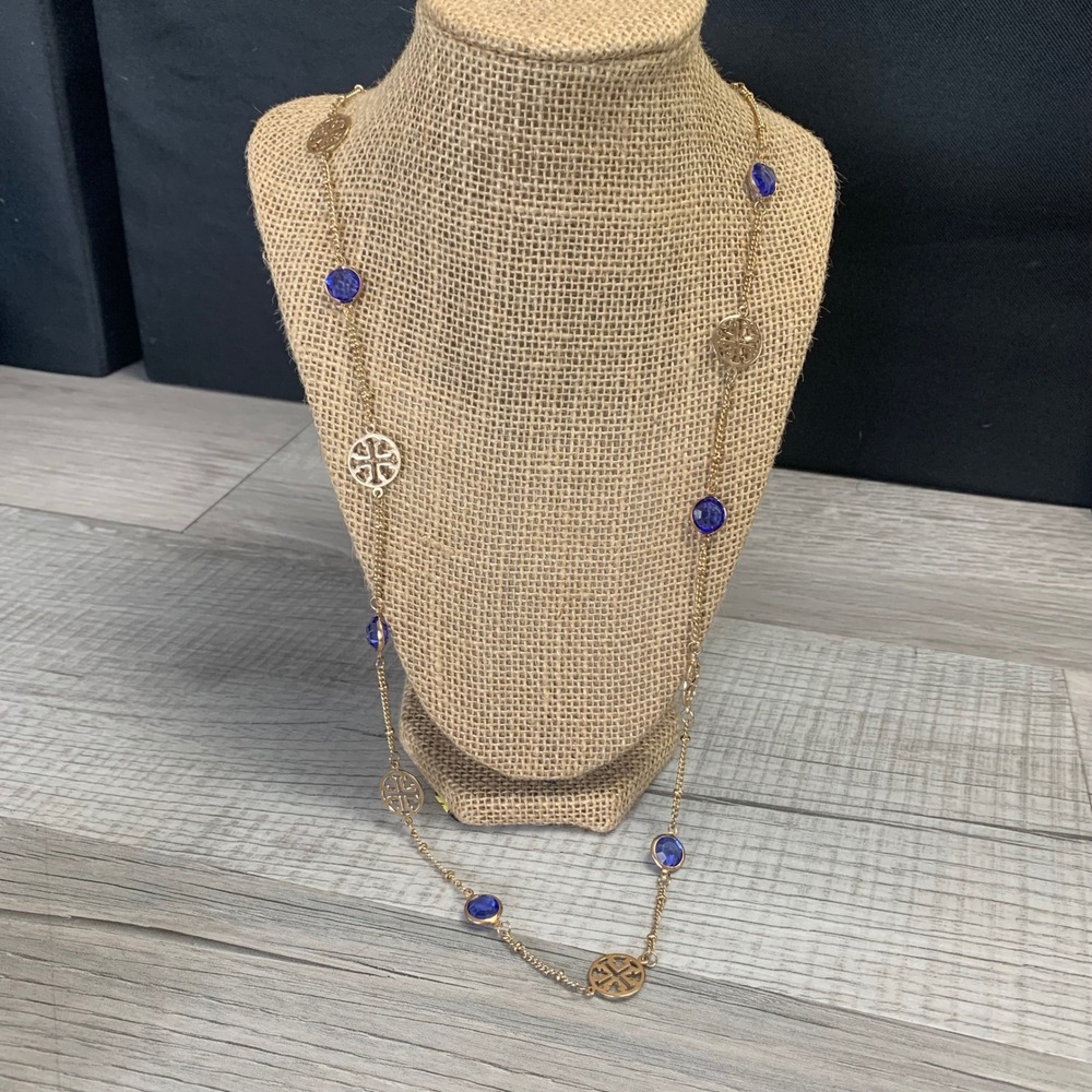 Isis Creative Gold Tone Blue Crystal Station Necklace and Earring Set 34" ST208